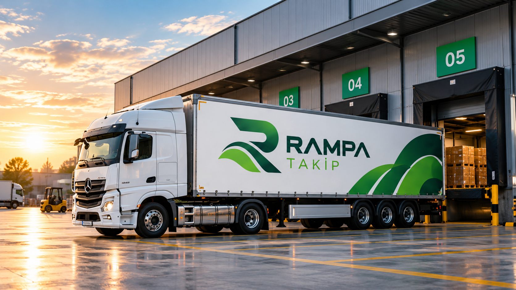 Rampa Takip logolu tır, depo rampasında